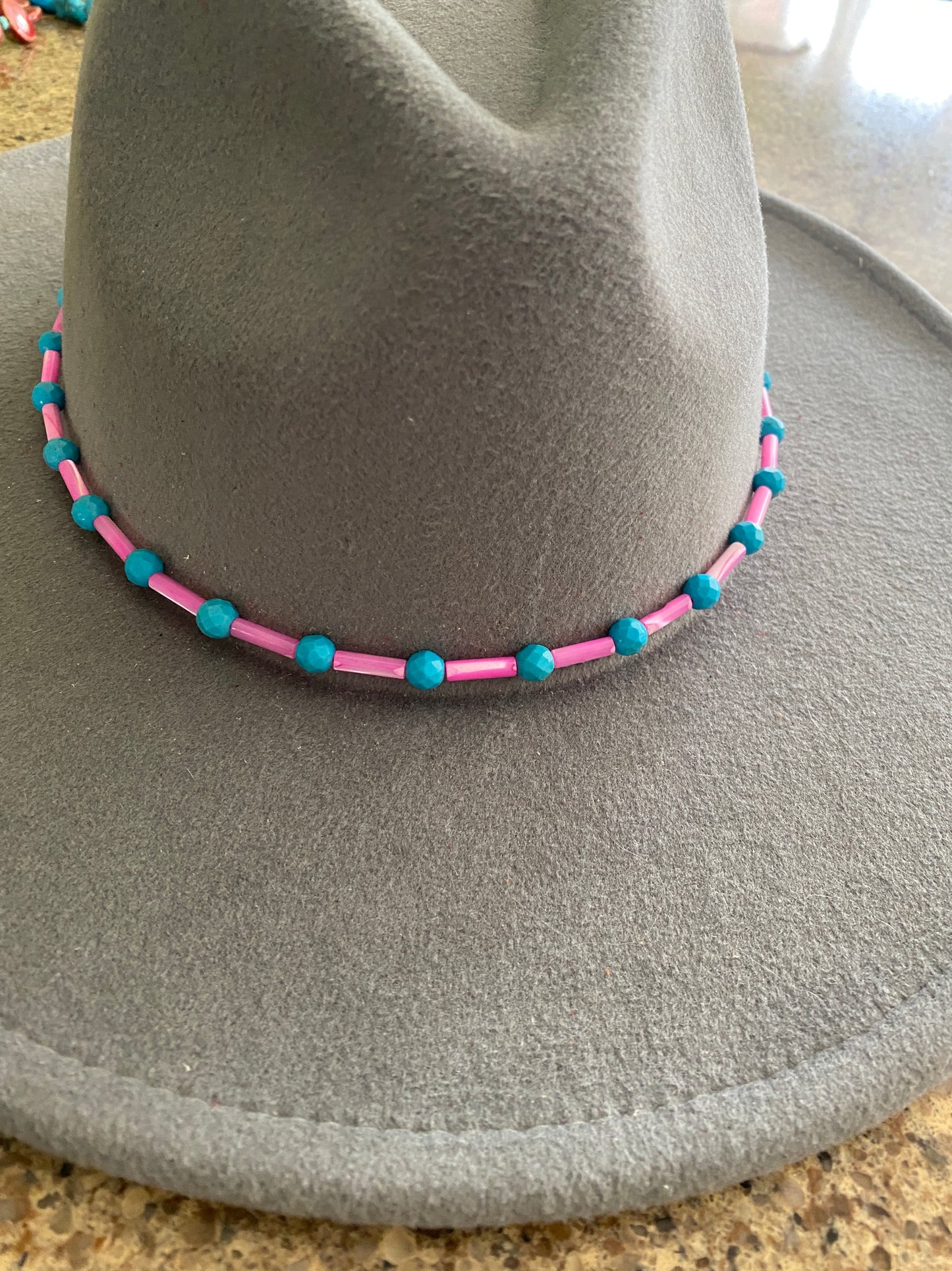 Hot Pink and Turquoise Beaded Hat Band With Leather Tie