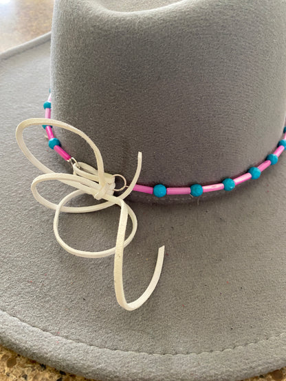 Hot Pink and Turquoise Beaded Hat Band With Leather Tie