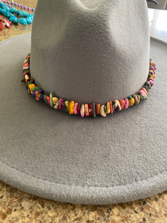 Multicolor Turquoise Nugget Beaded Hat Band With Leather Tie