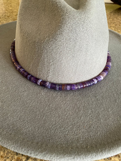 Amethyst Beaded Hat Band With Leather Tie