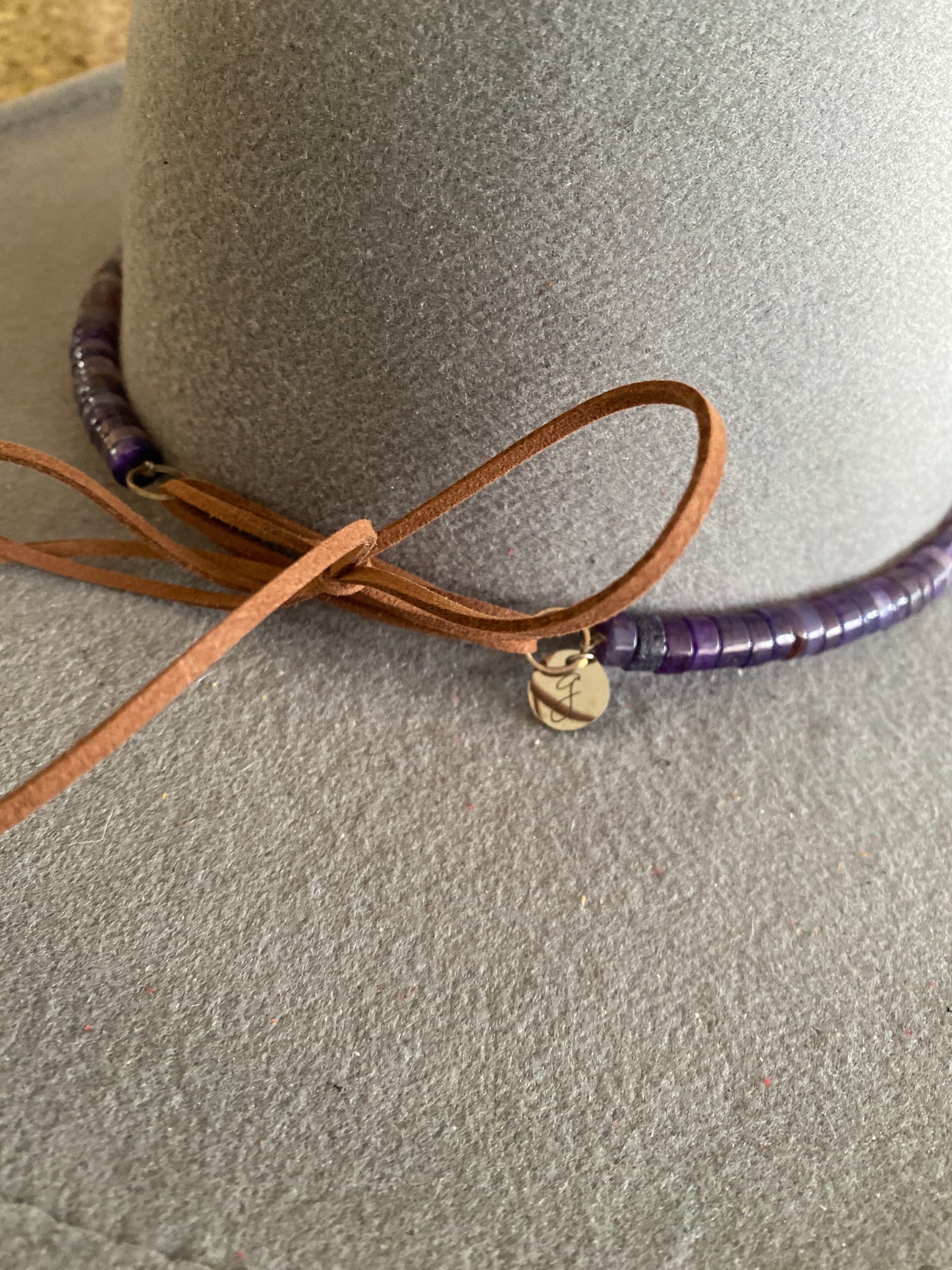 Amethyst Beaded Hat Band With Leather Tie