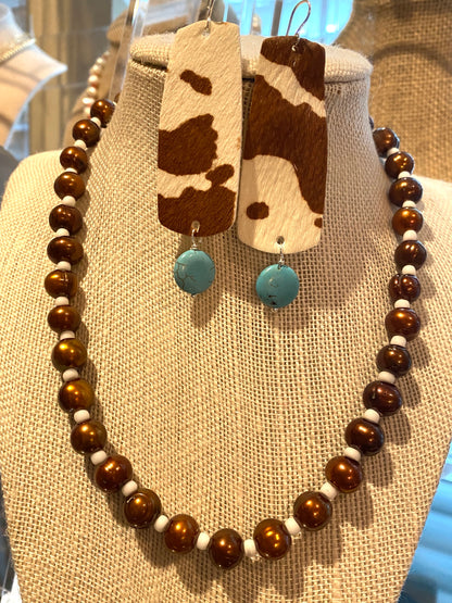 Brown and White Cowhide Earrings With Turquoise Dangle