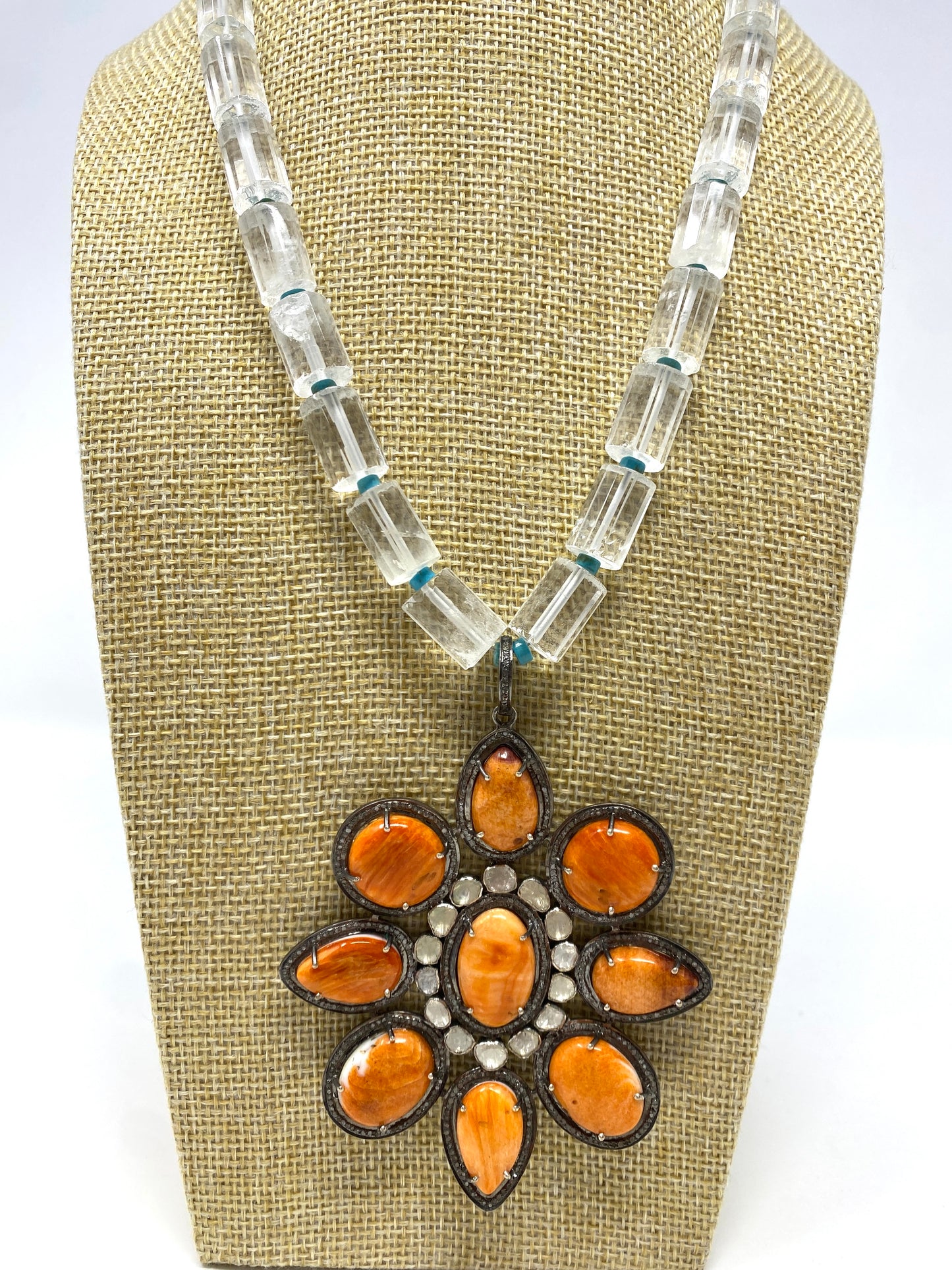 Orange Gemstone and Rosecut Diamond Pendant on Glass Tube and Turquoise Necklace