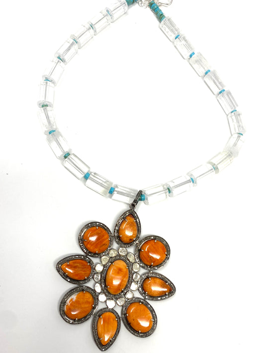 Orange Gemstone and Rosecut Diamond Pendant on Glass Tube and Turquoise Necklace