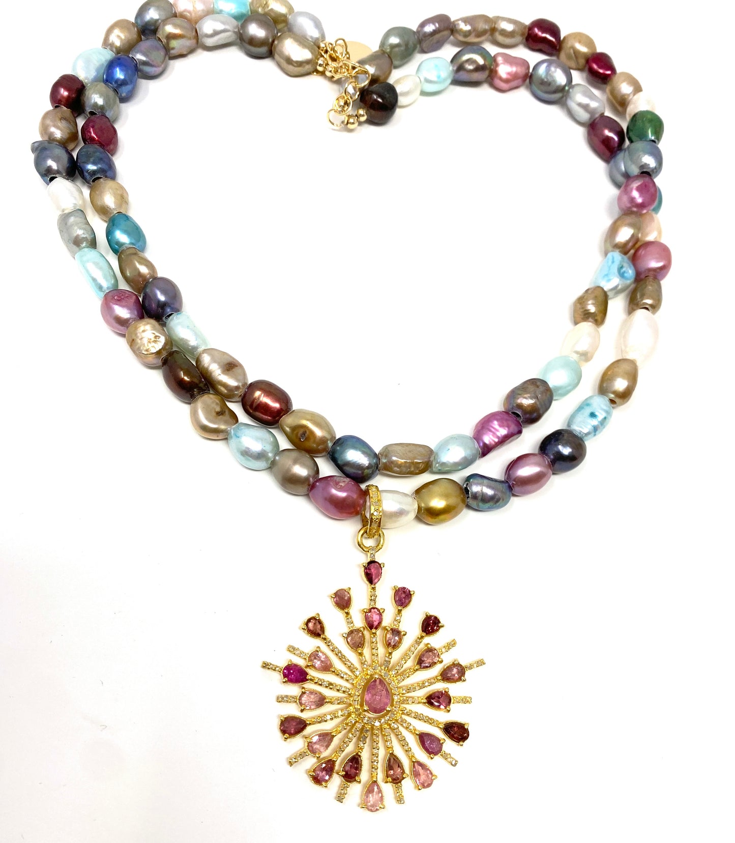 Double Strand Multicolor Freshwater Pearl Necklace With Pink Sapphire and Diamond Pendant