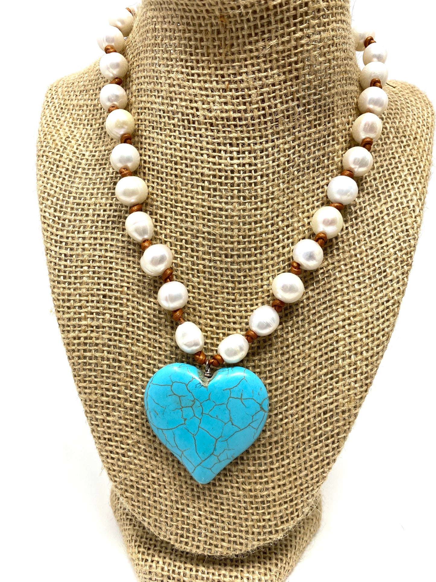 Freshwater Pearl Hand Knotted Leather Necklace With Turquoise Heart Pendant