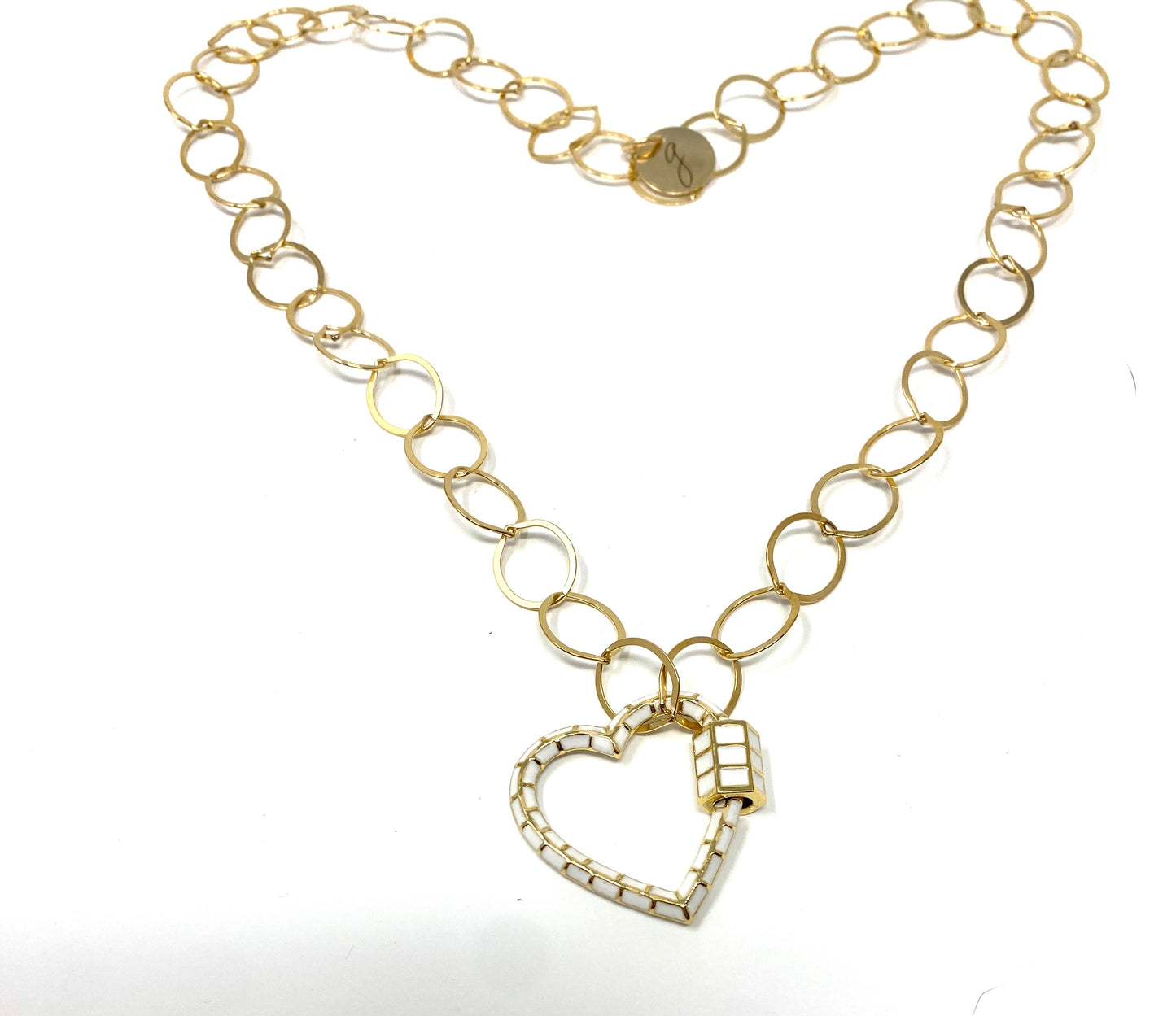 Gold Filled Chain Necklace With White Enamel Heart Carabiner
