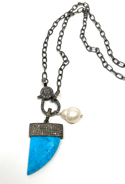Oxidized Chain Necklace With Diamond Lobster and Turquoise/Diamond and Pearl Pendant