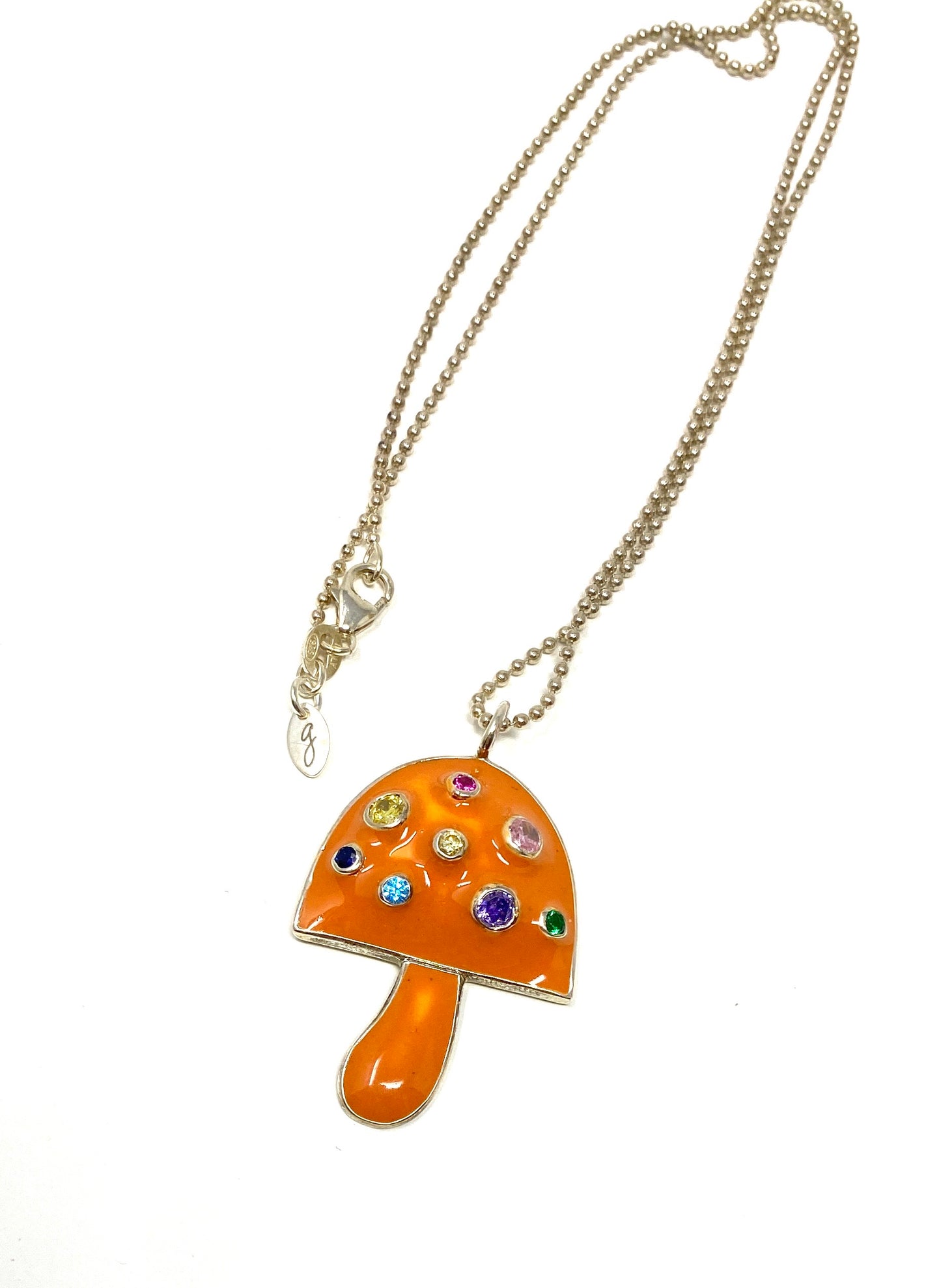 Orange Enamel Mushroom Pendant With Variety of Gemstones on Sterling Silver Ball Chain Necklace