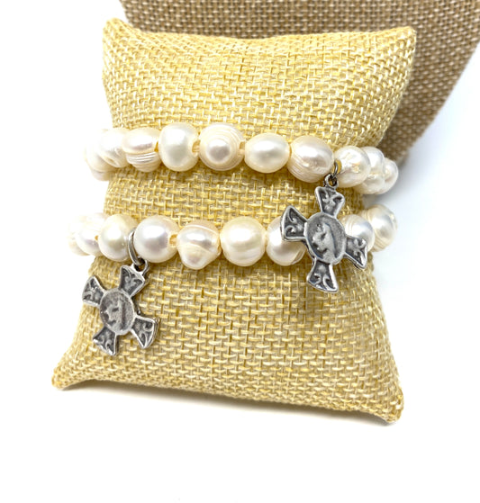 Freshwater Pearl Elastic Bracelet With Pewter Cross Charm