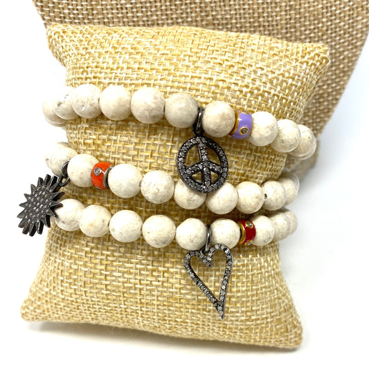 Ivory Jasper Beaded Elastic Bracelet With Diamond Charm and Enamel/Diamond Spacer