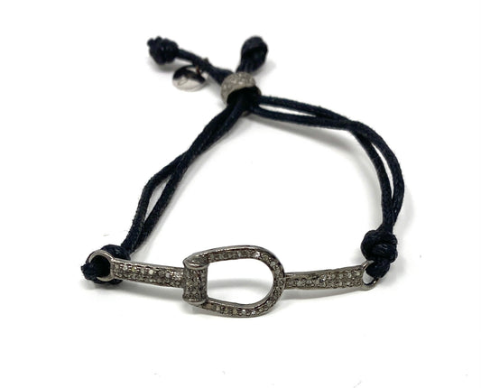 Black Waxed Cord Adjustable Bracelet With Diamond Horsebit Connector