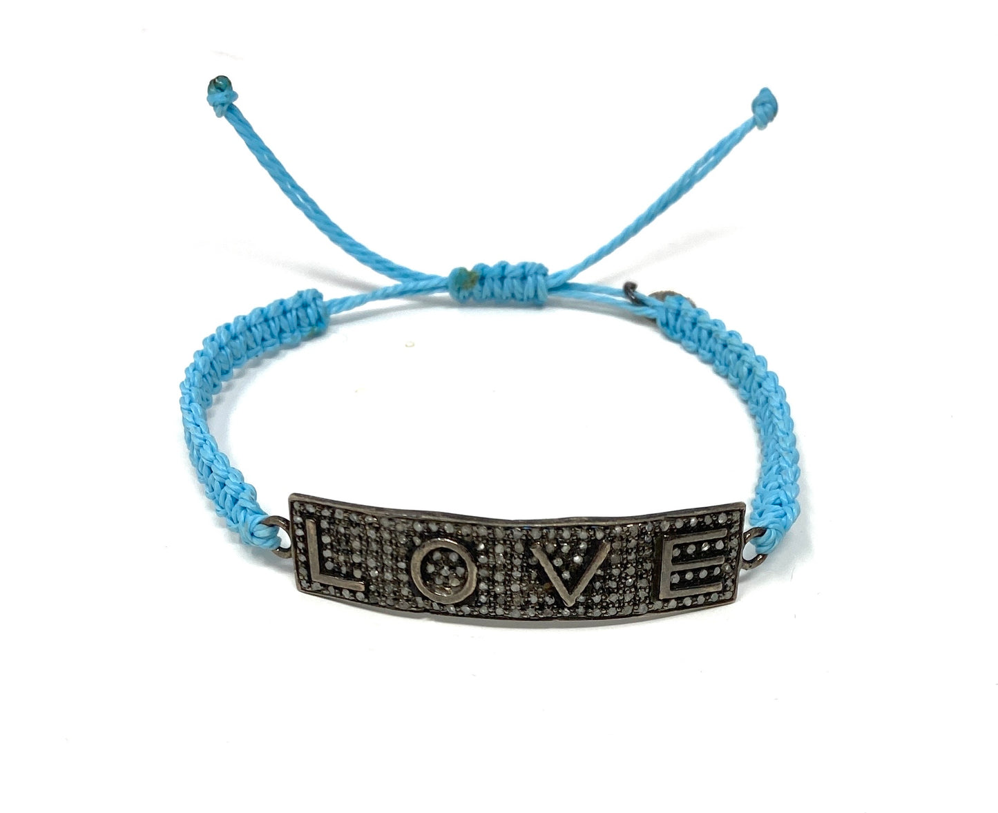 Tiffany Blue Macrame Adjustable Bracelet With Pave Diamond "LOVE" Connector
