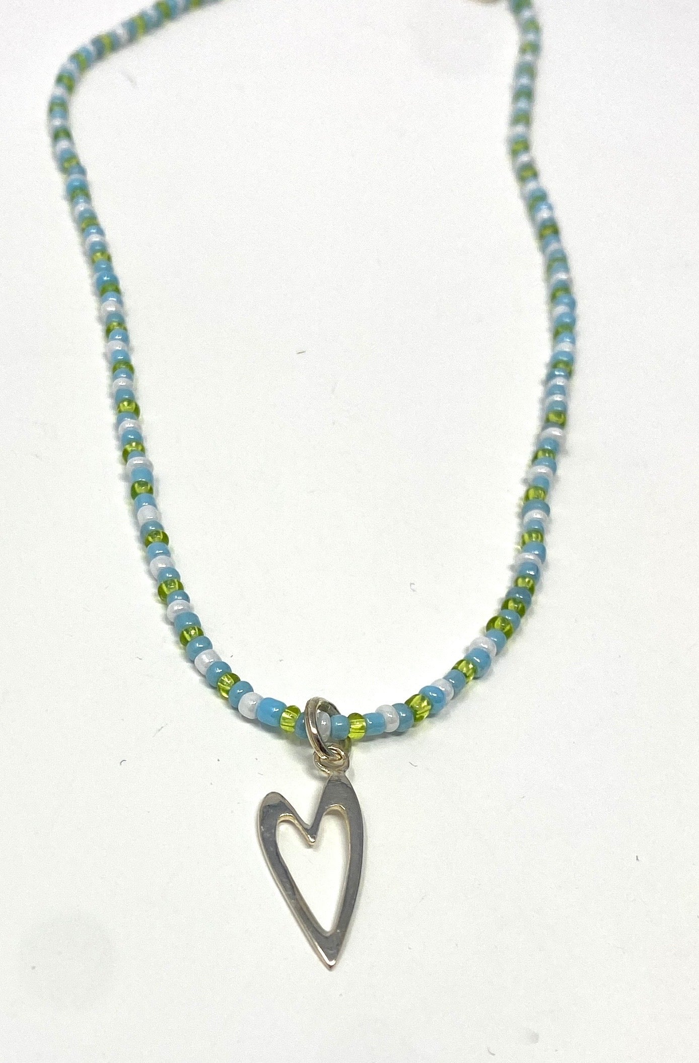 Tiny Lime Green, White, and Turquoise Seed Bead Necklace With Sterling Silver Heart Pendant