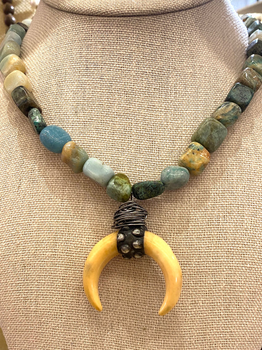 Natural Turquoise Stone Necklace With Wood and Metal Crescent Pendant