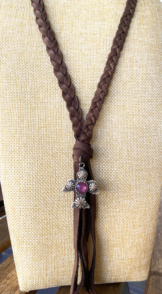 Dark Brown Deerskin Braided Necklace With Sterling Silver Artisan Bird Pendant and Ruby Stone