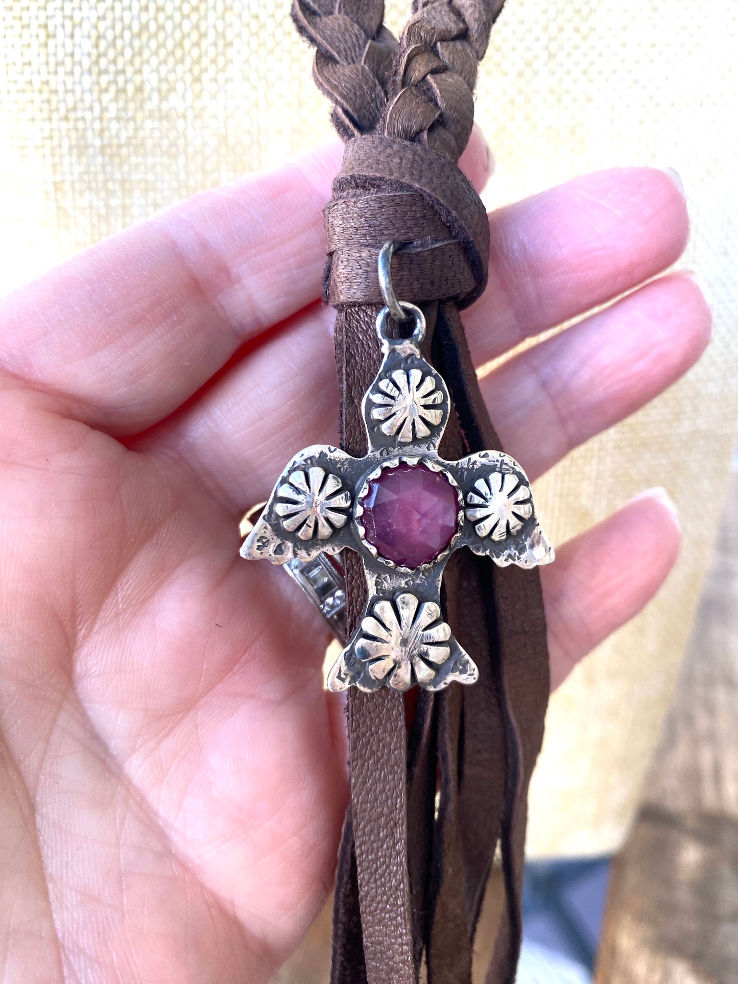 Dark Brown Deerskin Braided Necklace With Sterling Silver Artisan Bird Pendant and Ruby Stone