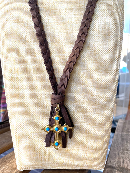 Dark Brown Deerskin Braided Necklace With Gold and Turquoise Cross Pendant