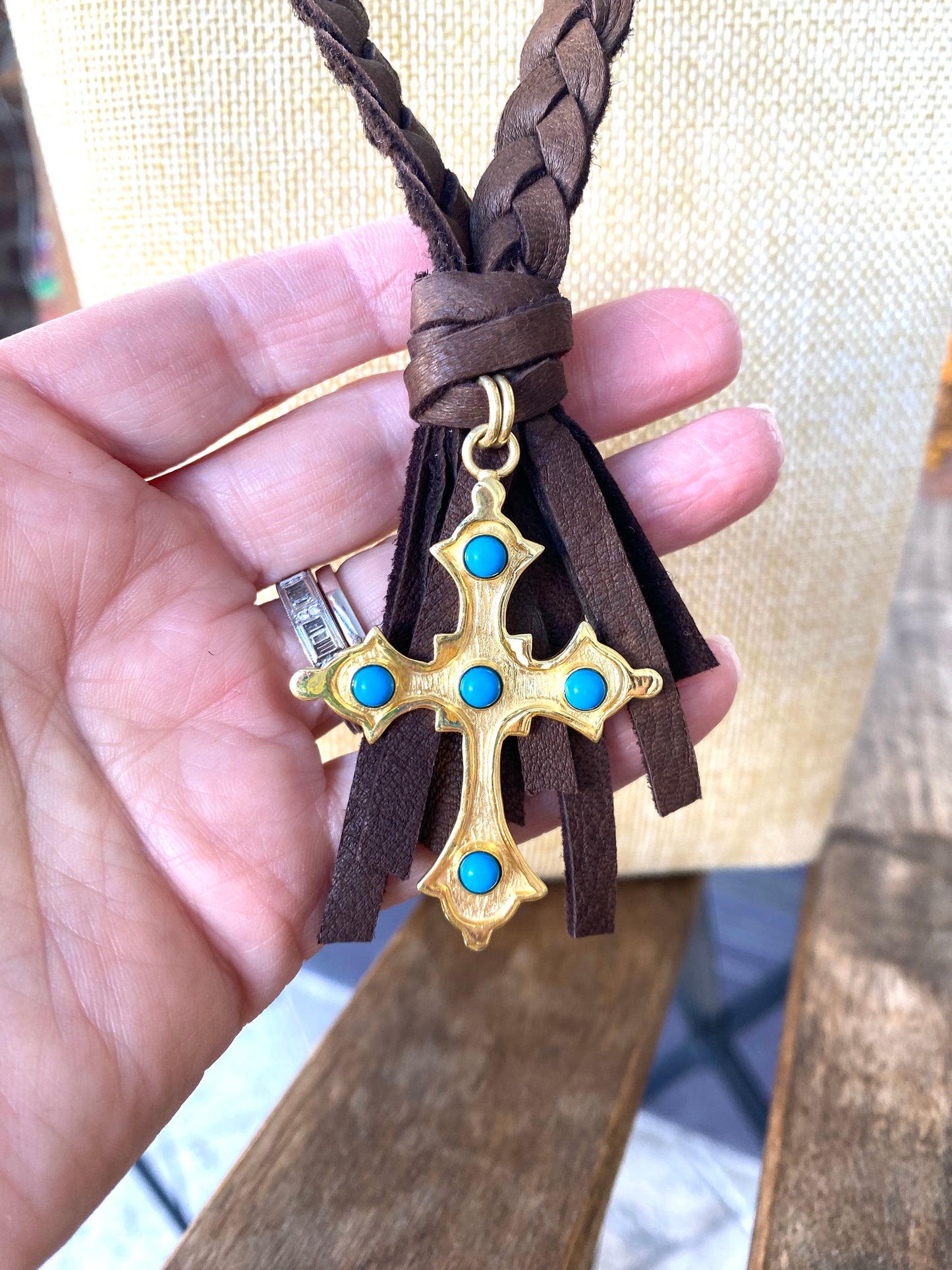 Dark Brown Deerskin Braided Necklace With Gold and Turquoise Cross Pendant