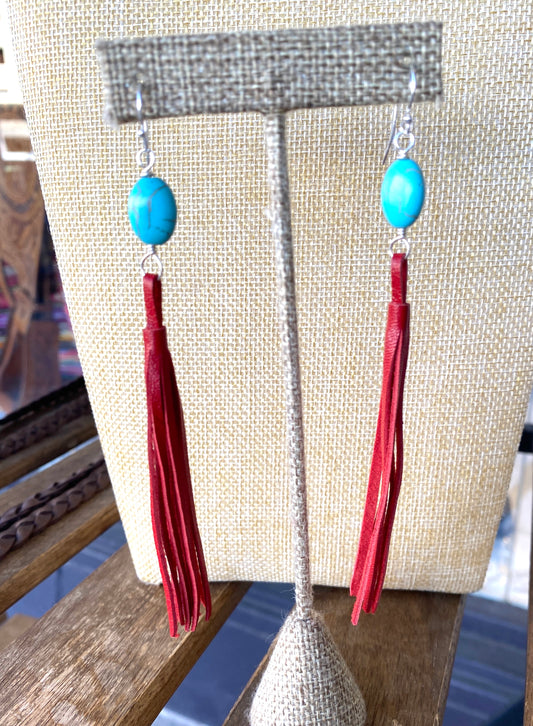 Red Leather Tassel and Turquoise Earrings on Sterling Silver Earring Wire