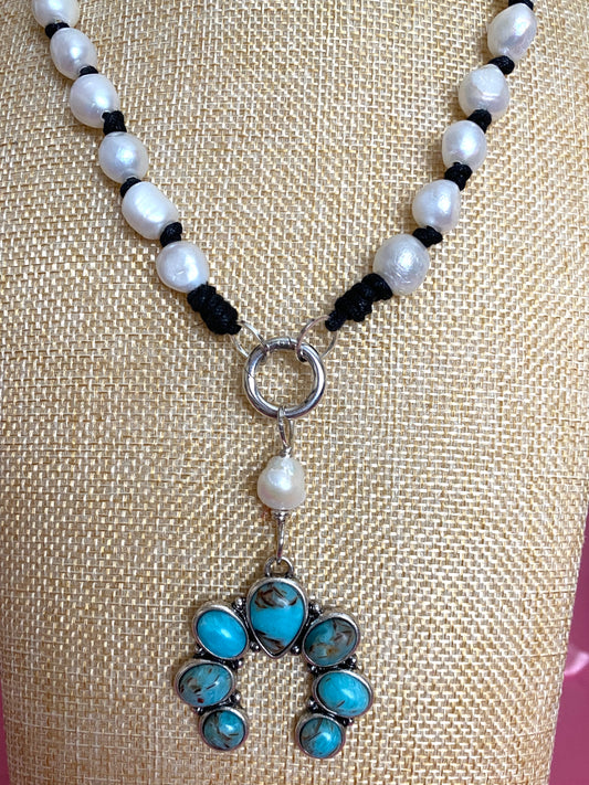 Handknotted Freshwater Pearl and Turquoise Squash Blossom Necklace