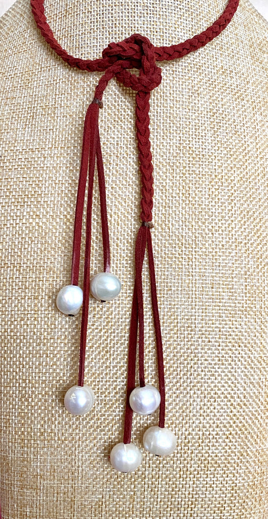Burnt Orange Leather Braided Necklace With Freshwater Pearls