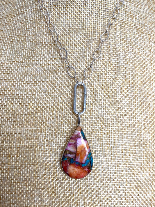 Sterling Silver Chain Necklace With Silver Clasp and Multicolor Turquoise Drop Pendant