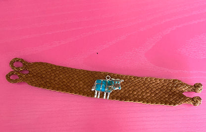 Brown Woven Leather Cuff Bracelet With Silver and Turquoise Cow