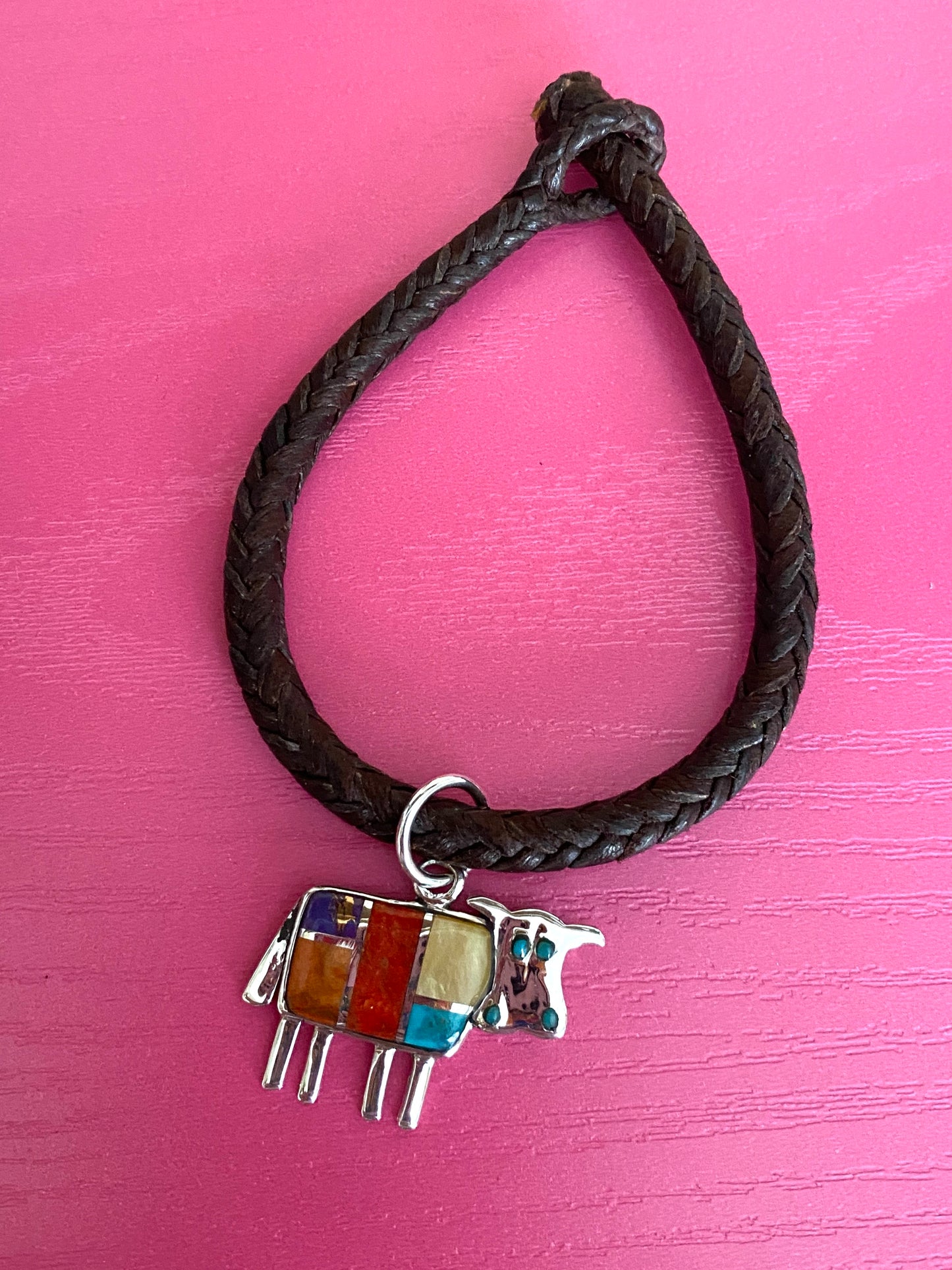Dark Brown Leather Braided Bracelet With Silver and Multicolor Turquoise Cow Charm