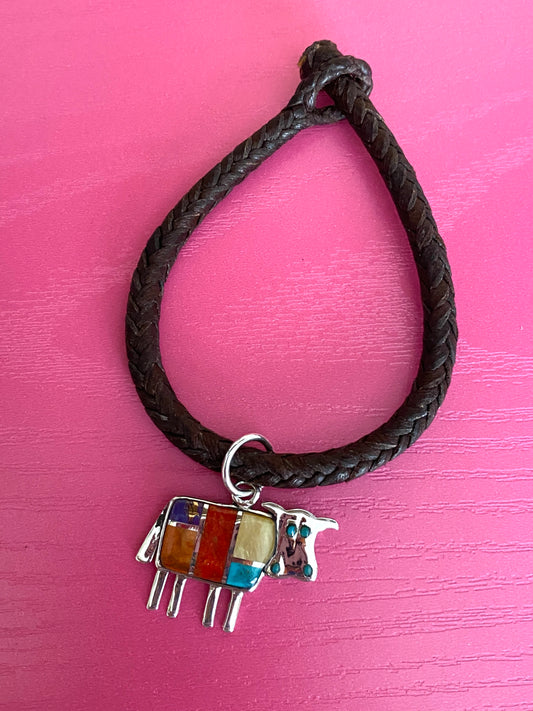 Dark Brown Leather Braided Bracelet With Silver and Multicolor Turquoise Cow Charm