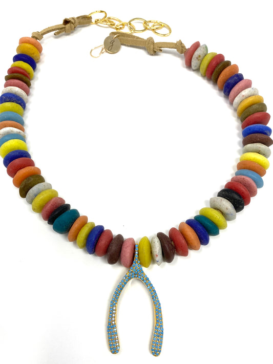 Multicolor Clay Disc Necklace With Turquoise and Gold Wishbone Pendant