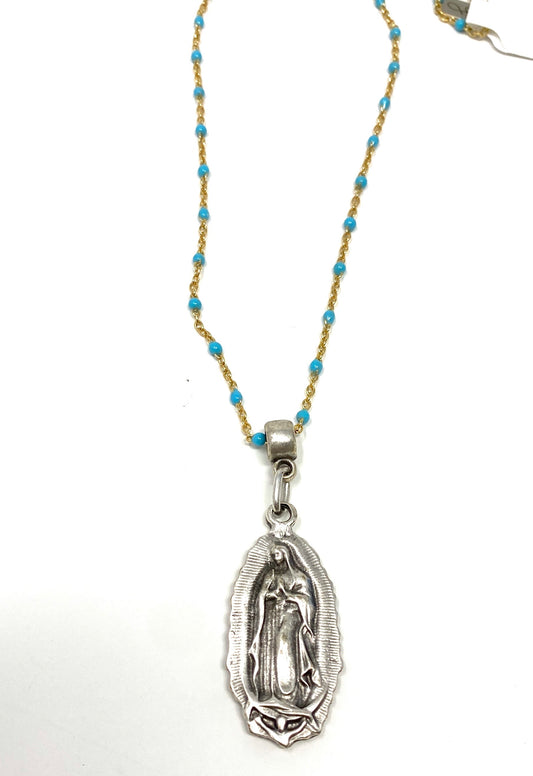 Delicate Gold Filled Chain With 2mm Turquoise Bead Stations With Pewter Lady of Guadalupe Pendant