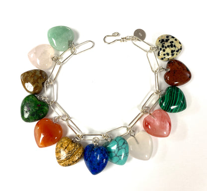 Sterling Silver Chain Bracelet With Multicolor Gemstone Heart Charms