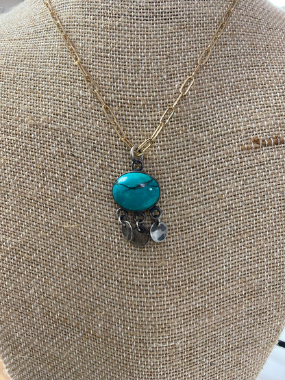 Gold Filled Petite Paper Clip Necklace With Turquoise and Sterling Silver Artisan Pendant