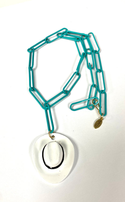 Turquoise Enamel Paper Clip Chain Necklace With White Ceramic Cowboy Hat Pendant