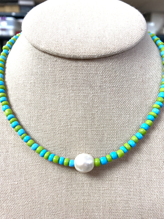 Tiffany Blue and Lime Green Seed Bead Necklace With Freshwater Pearl