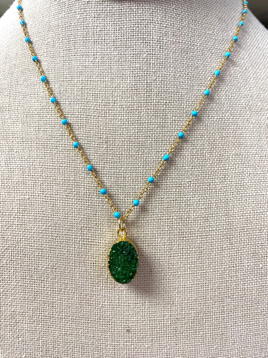 Delicate Gold Filled Chain Necklace With 2mm Turquoise Spacers and Emerald Green Gemstone Druzy Pendant