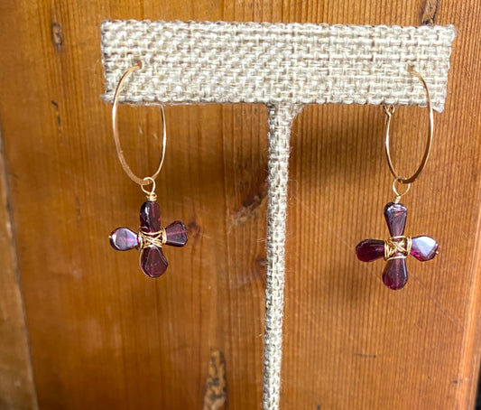 Garnet Beaded Cross Earrings on Gold Filled Hoop