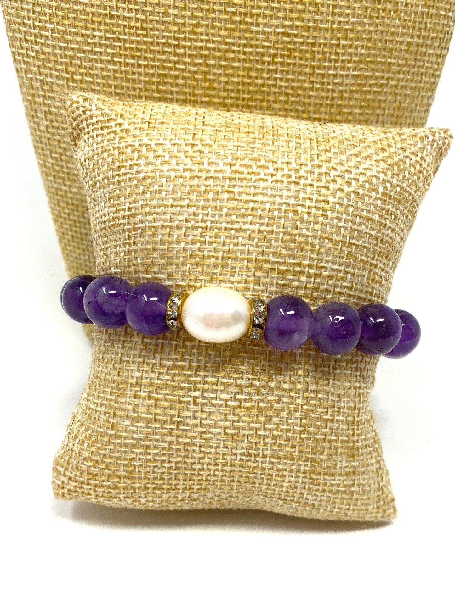 Amethyst Beaded Elastic Bracelet With Freshwater Pearl and CZ Spacers