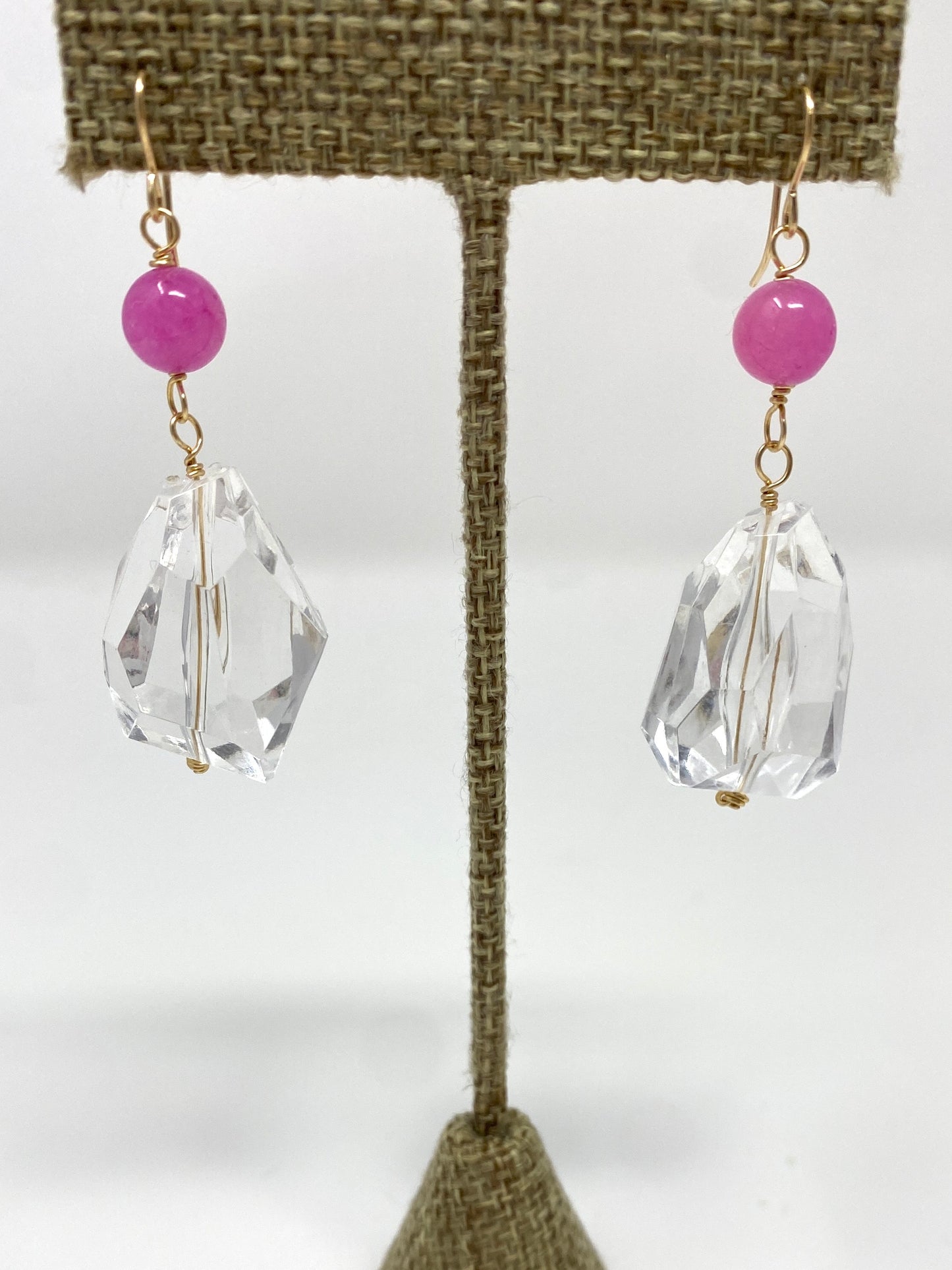 Clear Acrylic Chunk Earrings With Hot Pink Accent on Gold Filled Earring Wire