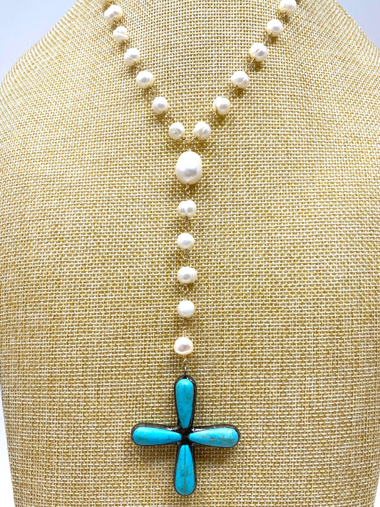 Pearl and Turquoise Cross Necklace