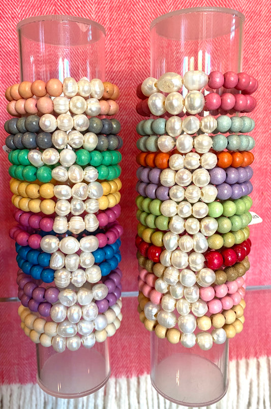 Dyed Wooden Elastic Beaded Bracelet With Three Freshwater Pearls