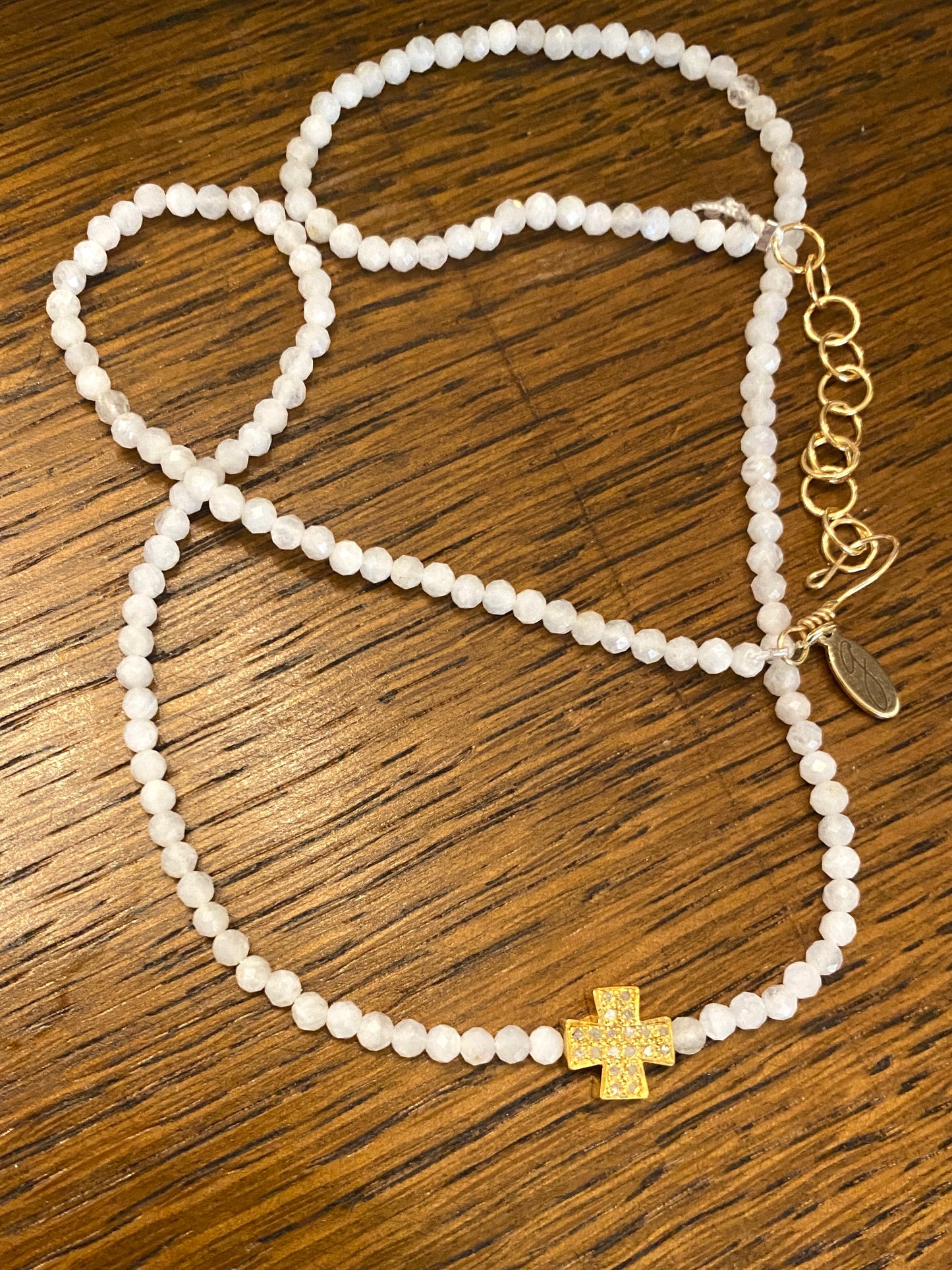 White Beaded Necklace with Diamond Cross