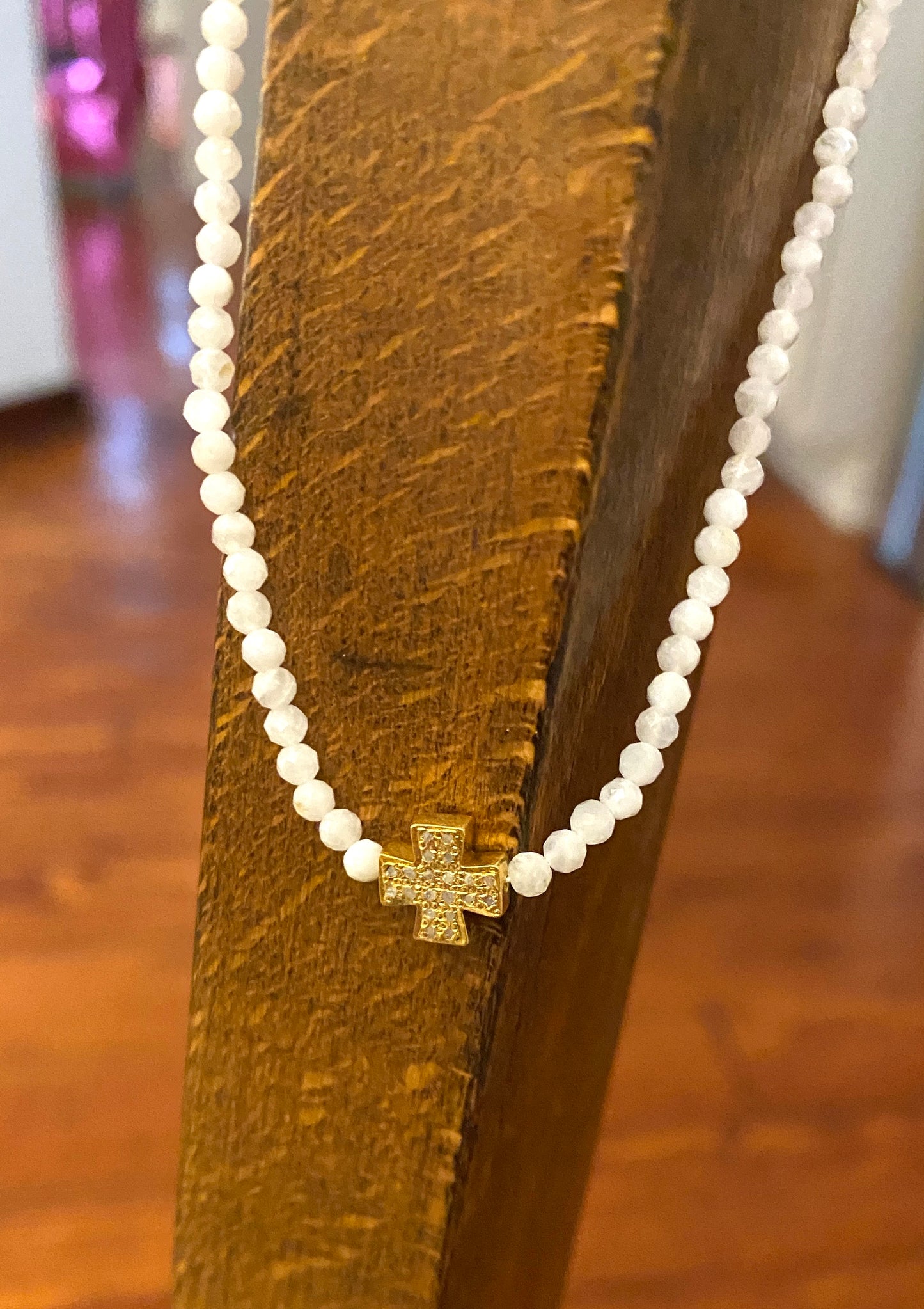 White Beaded Necklace with Diamond Cross