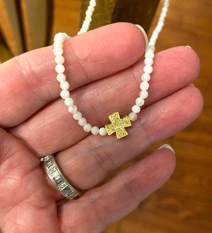 White Beaded Necklace with Diamond Cross