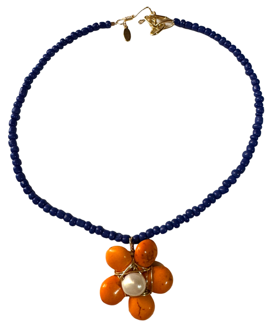 Blue Necklace With Orange Flower Pendant