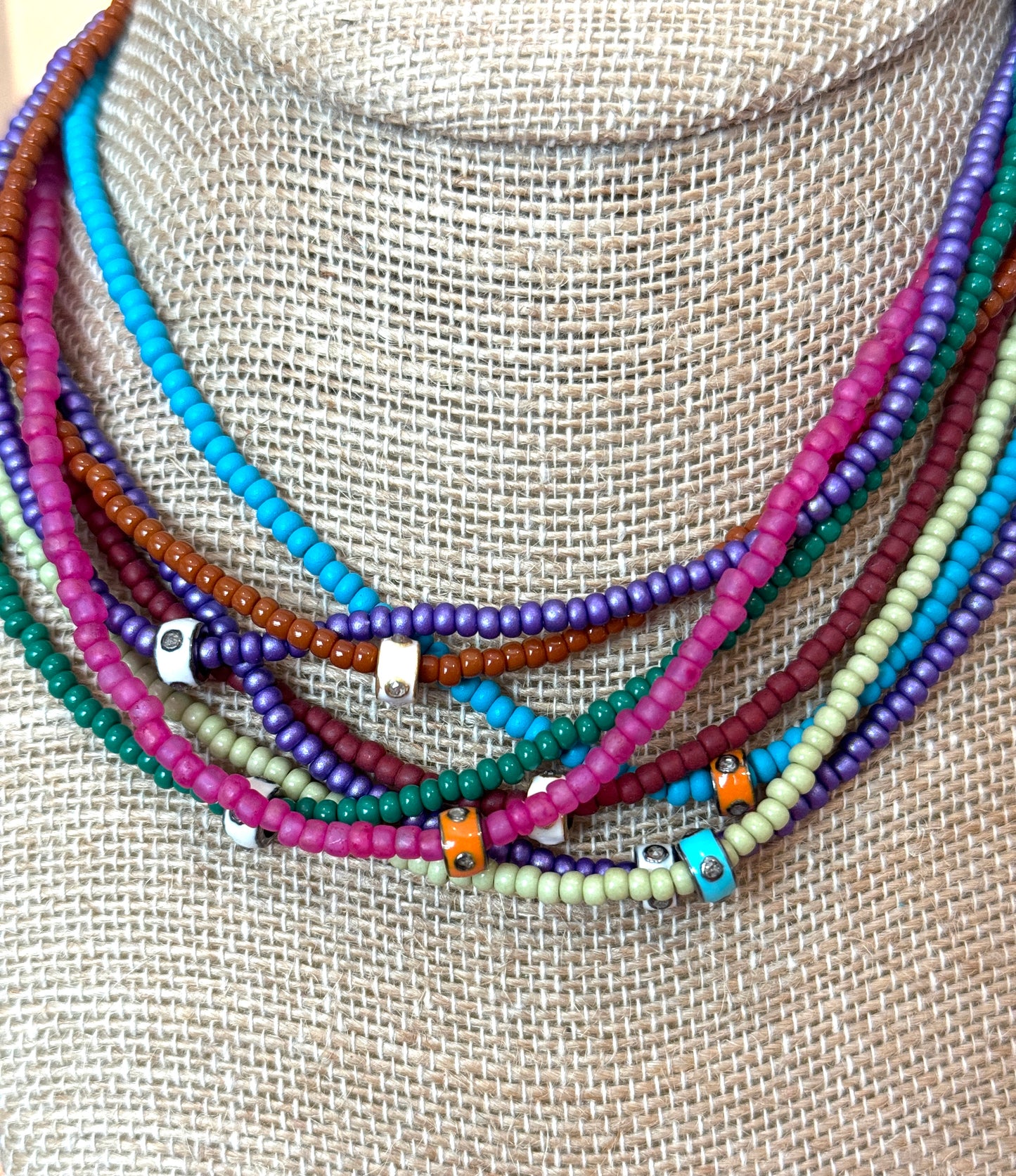 Seed Bead and Diamond Enamel Necklace