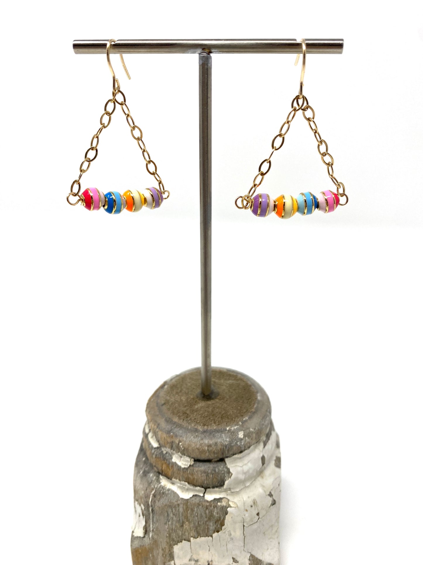 Multicolor Enamel and Gold Metal Beaded Earrings on Gold Filled Earring Wire