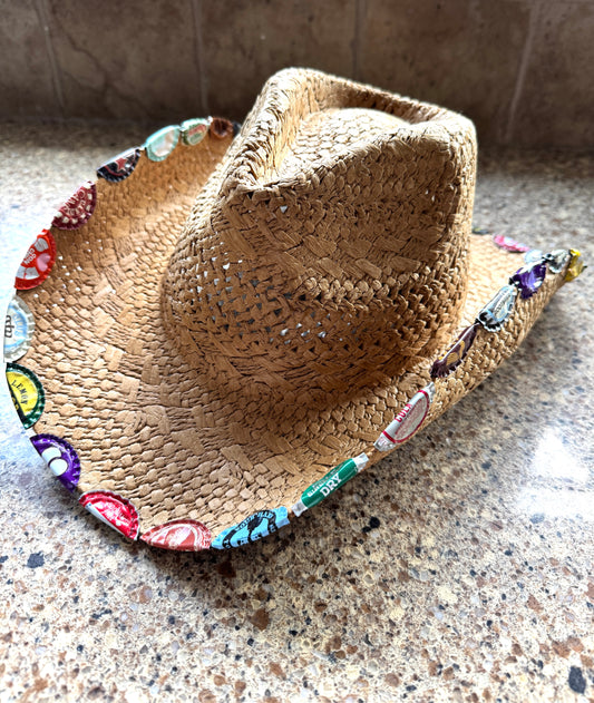 Straw Beach Hat with Bottle Tops