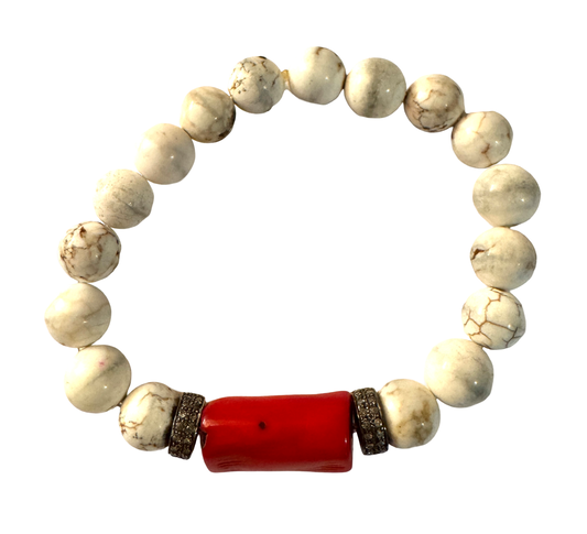 White Stone with Red Coral and Diamond Bracelet